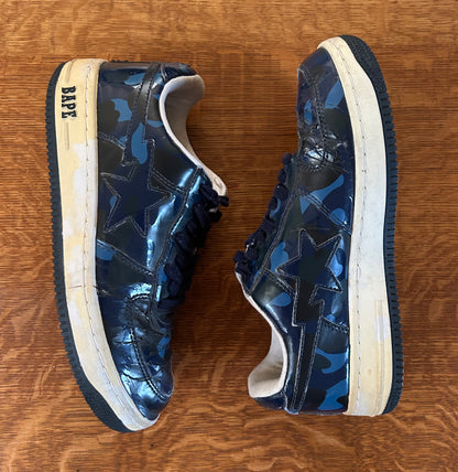 BAPE Black and Blue Camo Patent Leather Bapestas. Men's size 9