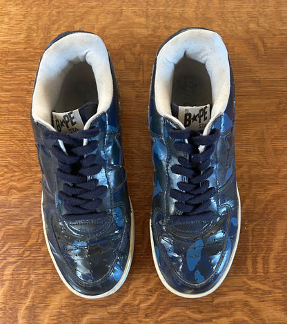 BAPE Black and Blue Camo Patent Leather Bapestas. Men's size 9