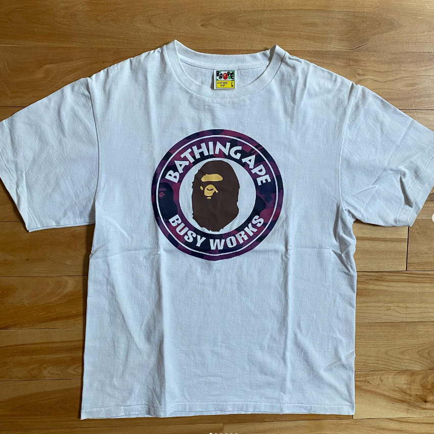 BAPE A Bathing Ape Busy Works White TShirt With Purple Camo