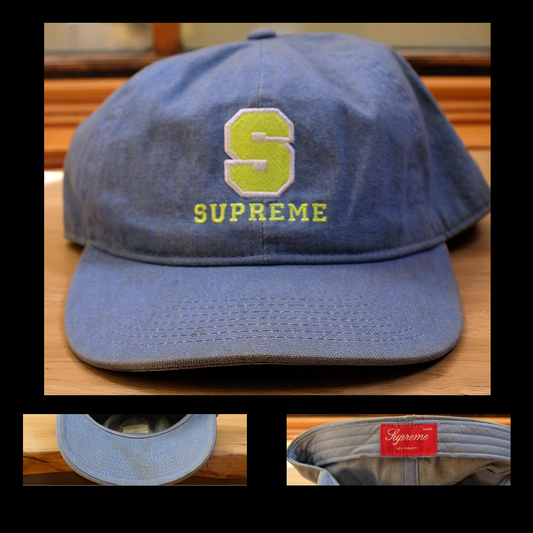 Supreme Embroidered Logo Light Blue Denim Trucker Hat. Size Small