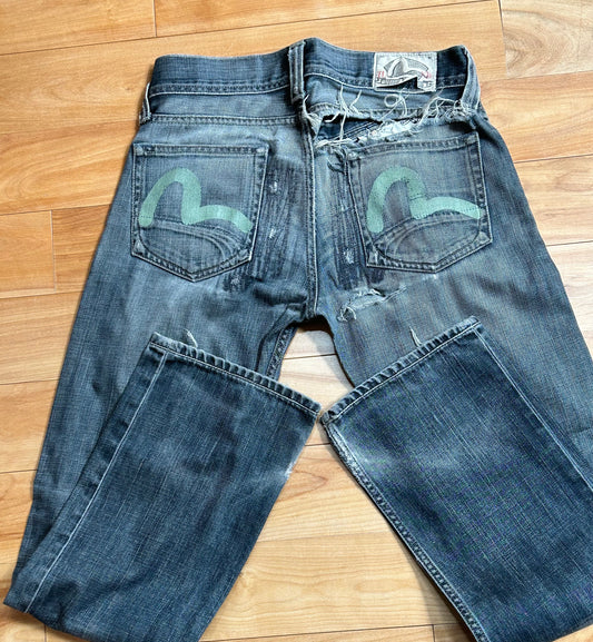 Distressed patched jeans EVISU PUMA Collab Vintage Blue denim. 30x32"